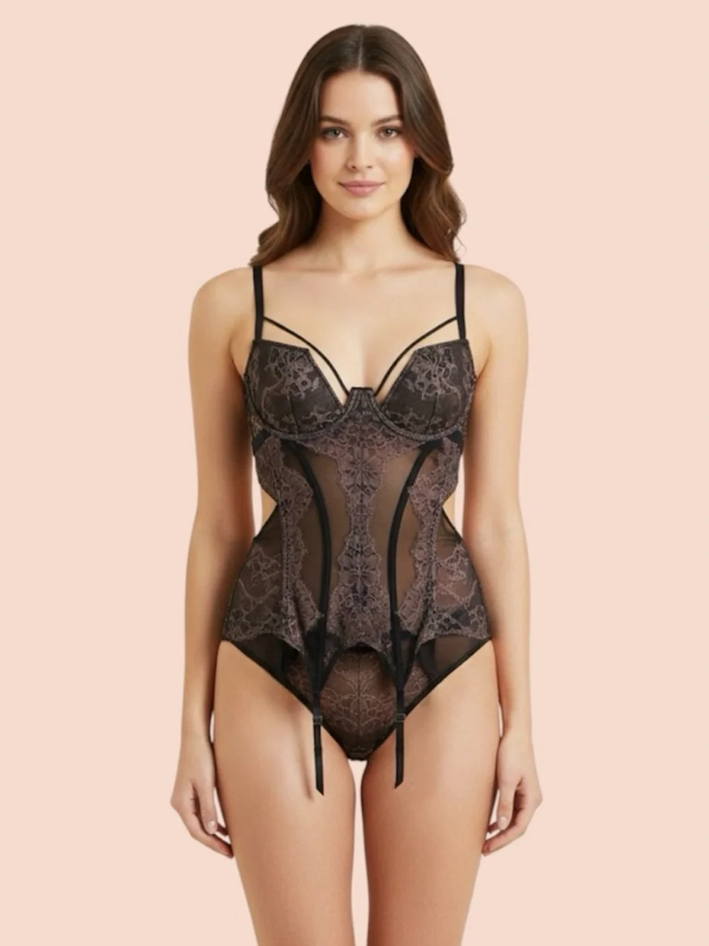 Victoria's‎ Secret Black and Pink Lace Bustier with Garter Straps Sz 36D